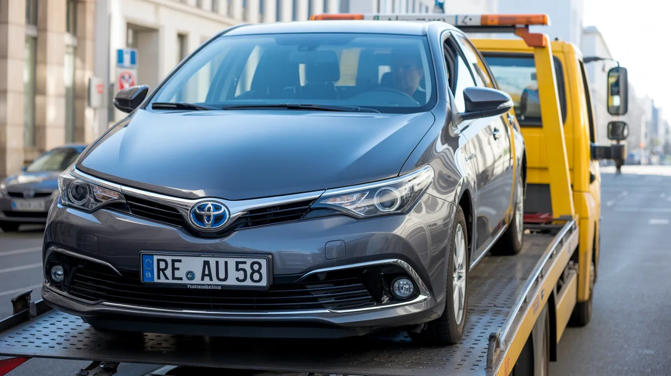 Toyota Auris mit Hybrid-Akku-Defekt wird auf den Abschlepper geladen