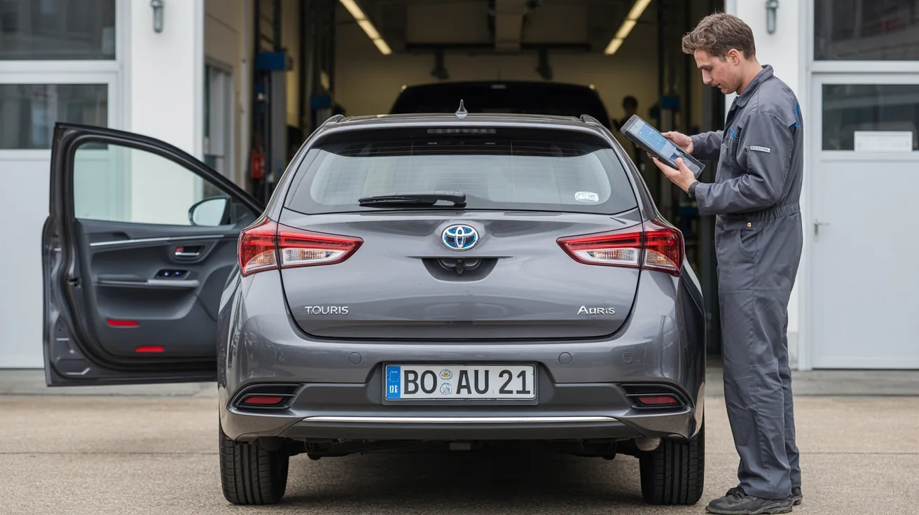 Mechaniker prueft die Hochvolt-Batterie eines Toyota Auris Touring Sports