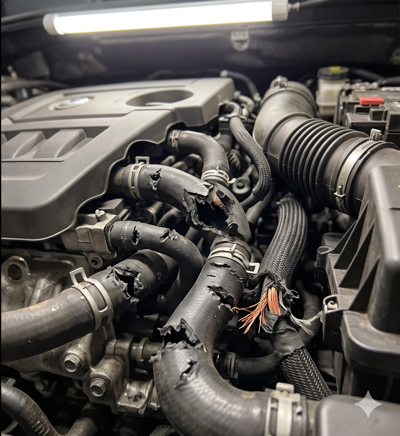 Vom Marder zerbissene Kabel und Schläuche im Motorraum