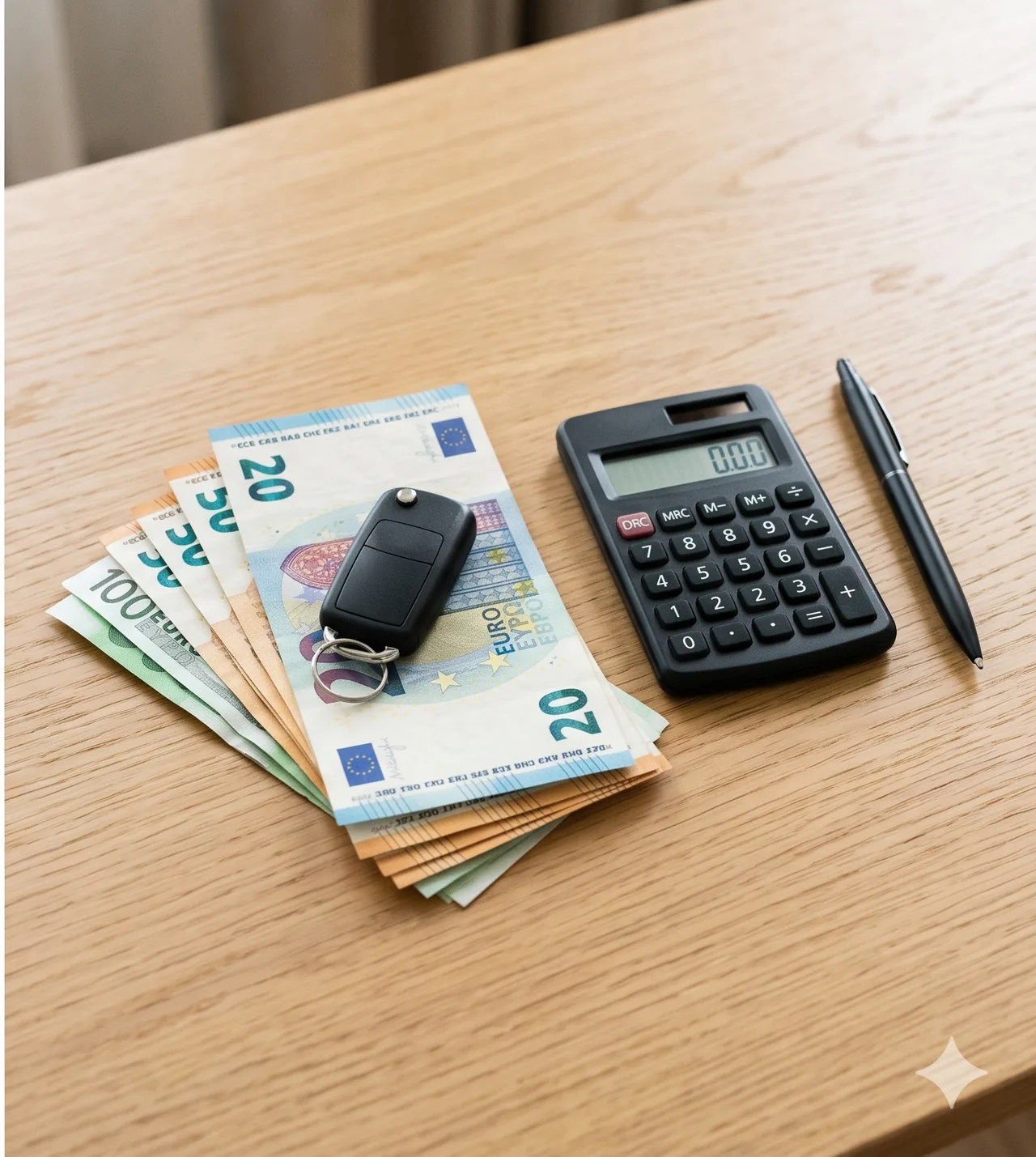 Autoschlüssel mit Euro-Scheinen und Taschenrechner