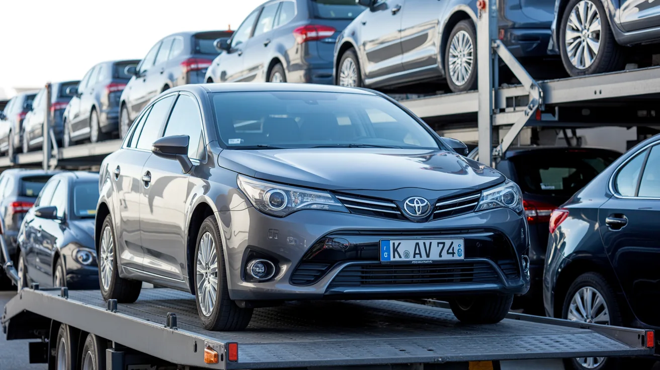 Toyota Avensis wird auf einen Transporter fuer den Export geladen