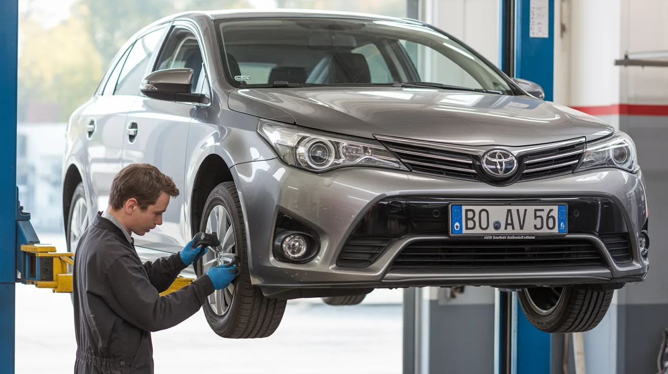Toyota Avensis mit hohem Kilometerstand bei der Inspektion auf der Hebebuehne