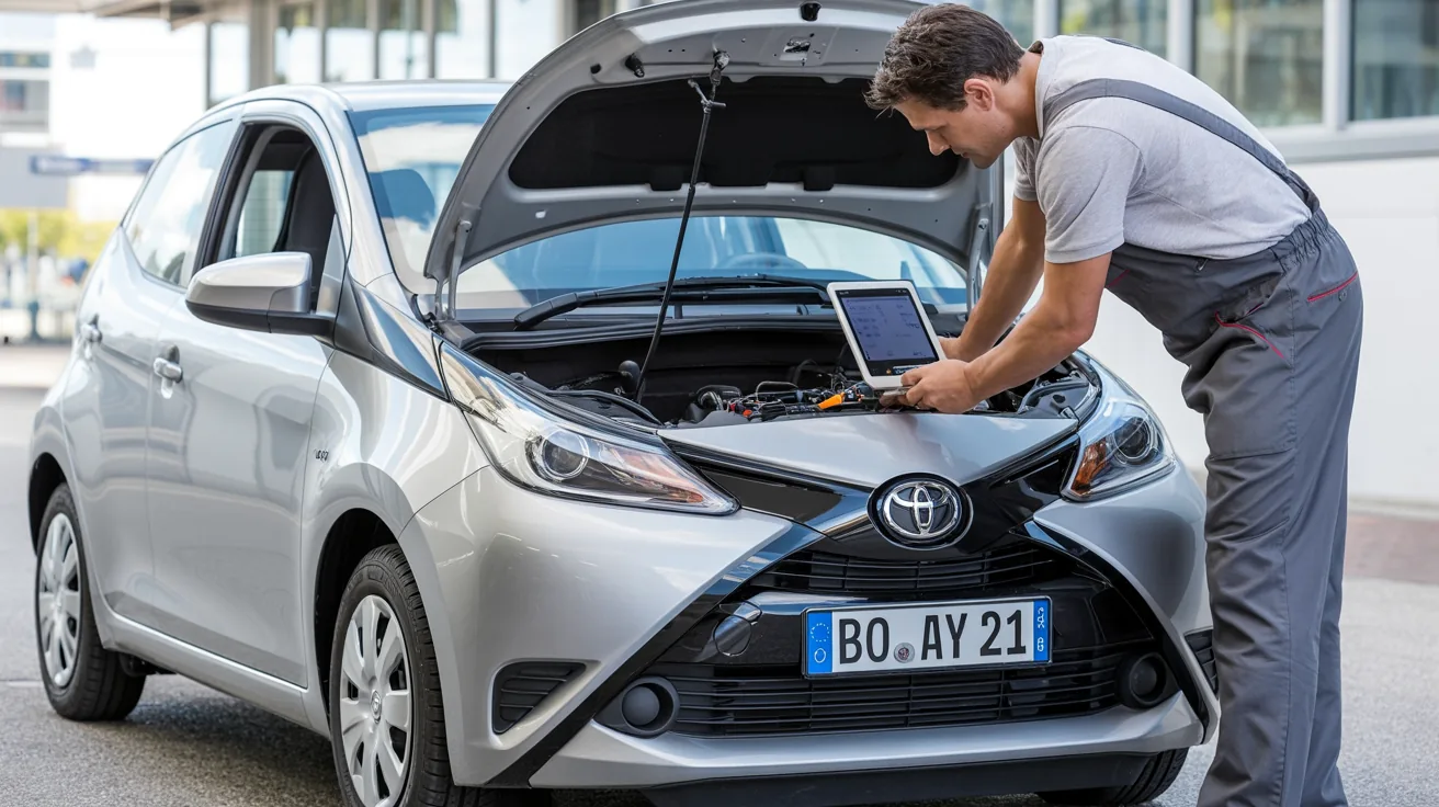 Toyota Aygo in der Werkstatt, Mechaniker bei der Diagnose