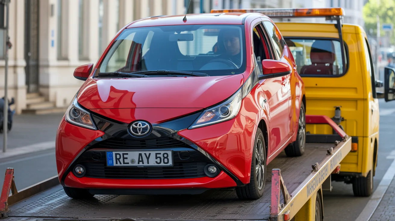Toyota Aygo mit Motordefekt wird auf den Abschlepper geladen