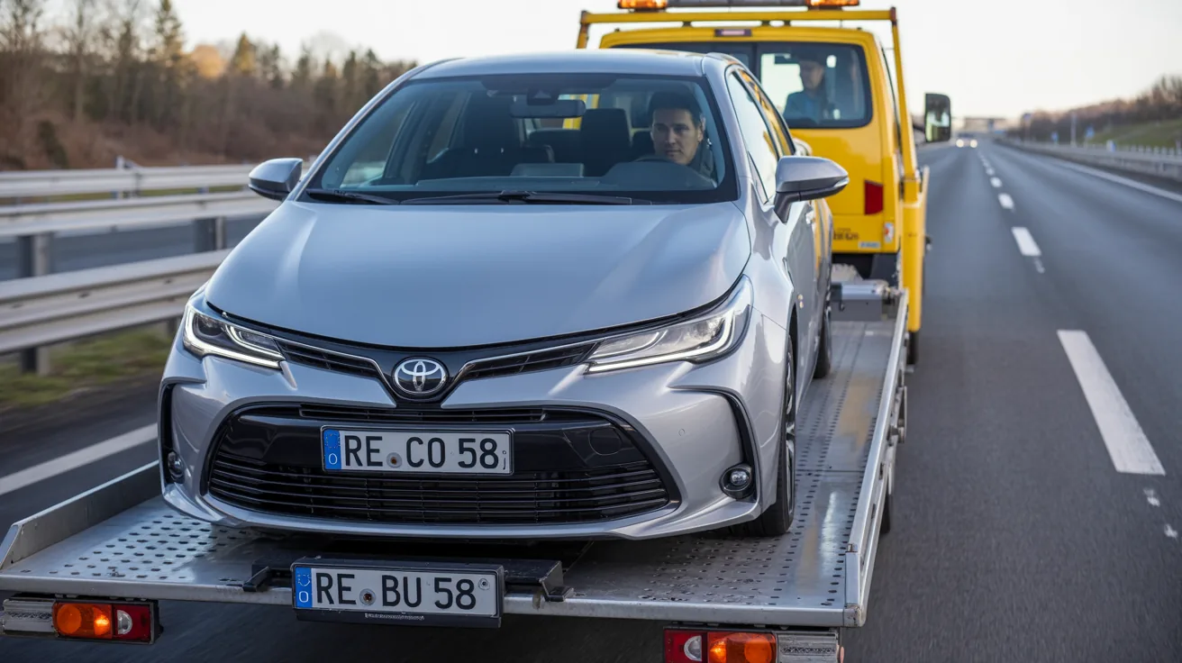 Toyota Corolla mit defektem Motor wird auf den Abschlepper geladen