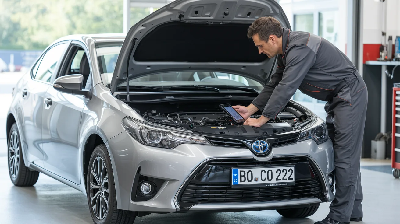 Toyota Corolla in der Werkstatt, Mechaniker bei der Diagnose