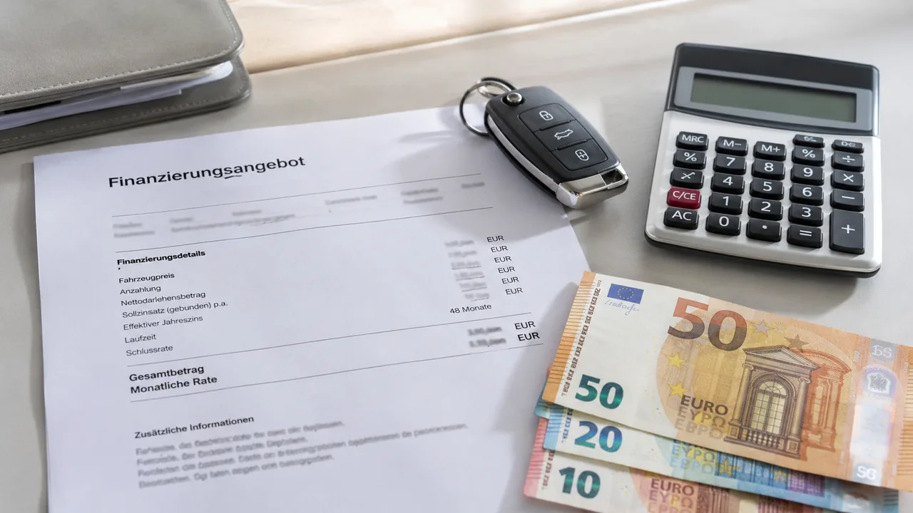 Finanzierungsangebot mit Autoschlüssel, Taschenrechner und Euro