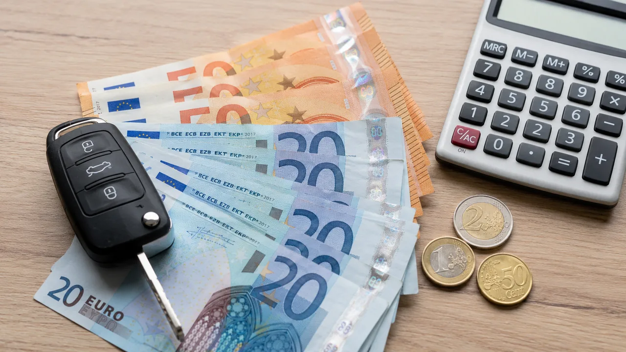 Autoschlüssel mit Euro-Scheinen und Taschenrechner – Autowert ermitteln