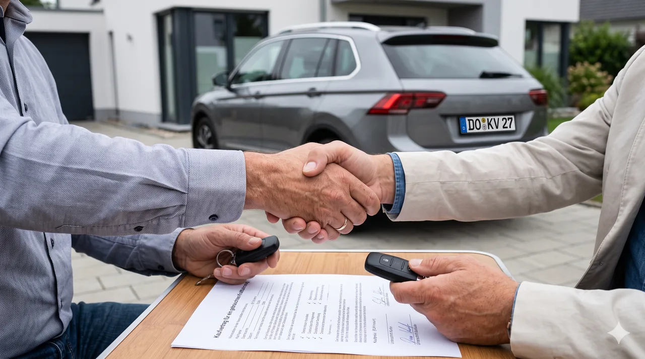 Kfz-Kaufvertrag: Handschlag und Vertrag beim Autoverkauf