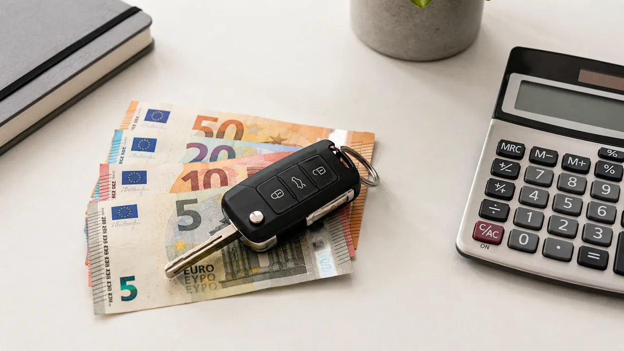 Autoschlüssel auf Euro-Scheinen mit Taschenrechner – Kfz-Steuer berechnen