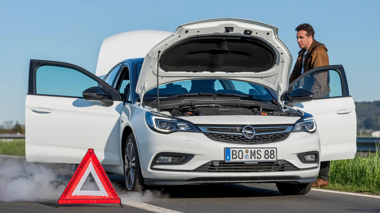 Motorschaden Ankauf – Auto mit offener Motorhaube und Warndreieck am Straßenrand