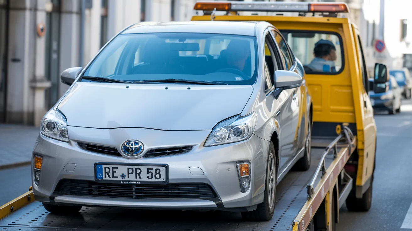 Toyota Prius mit Hybrid-Akku-Defekt wird auf den Abschlepper geladen