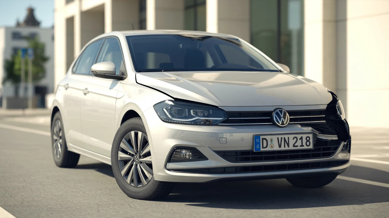 Unfallwagen (white 2019 Volkswagen Polo) mit Schaden, deutsches Kennzeichen – Restwertankauf