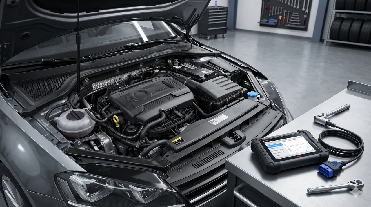 Motorraum mit Diagnosegerät – Serienschaden am Motor erkennen