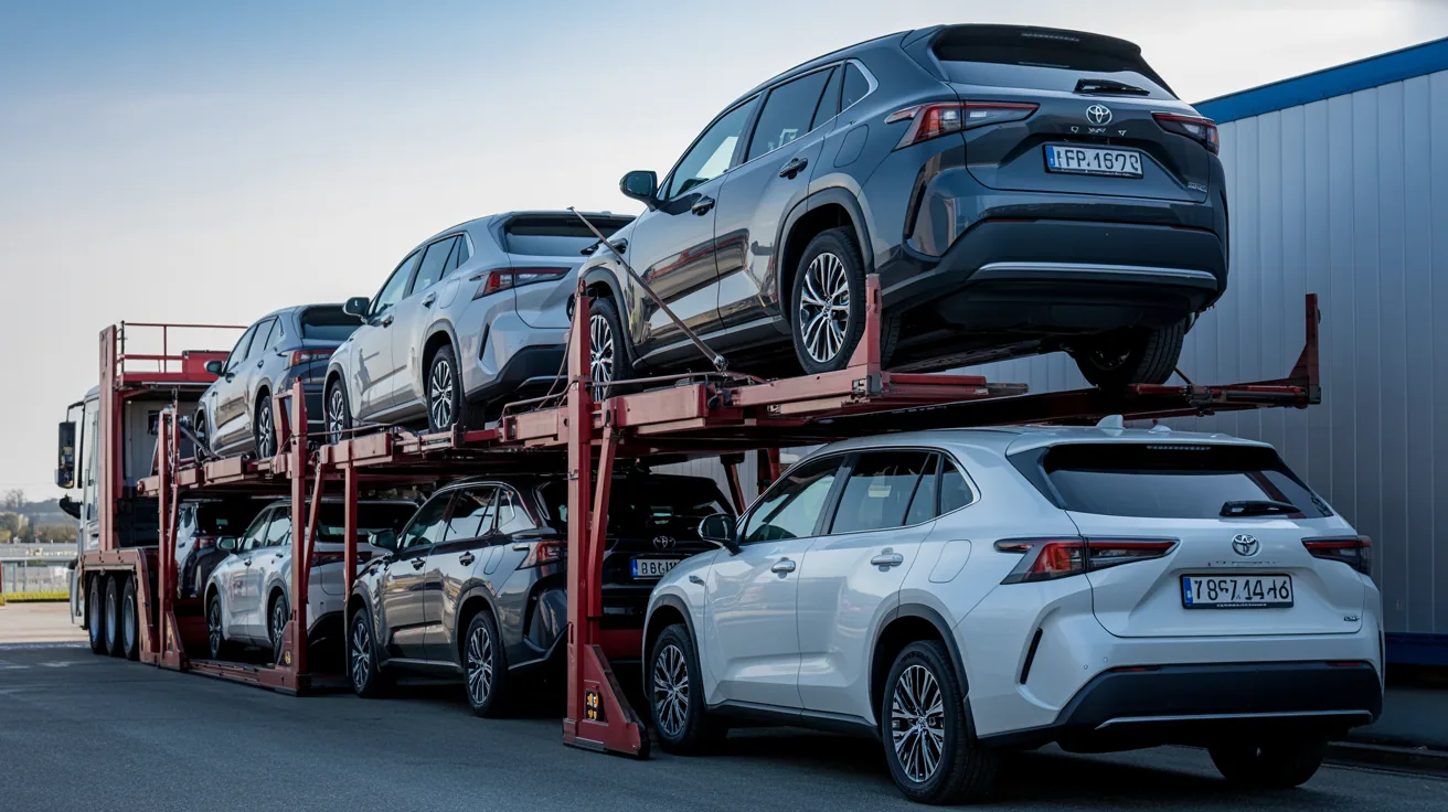 Mehrere Toyota werden fuer den Export auf einen Transporter geladen