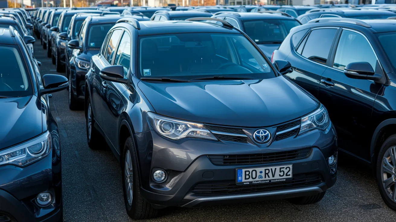 Toyota RAV4 SUV in einer Reihe auf dem Export-Hof