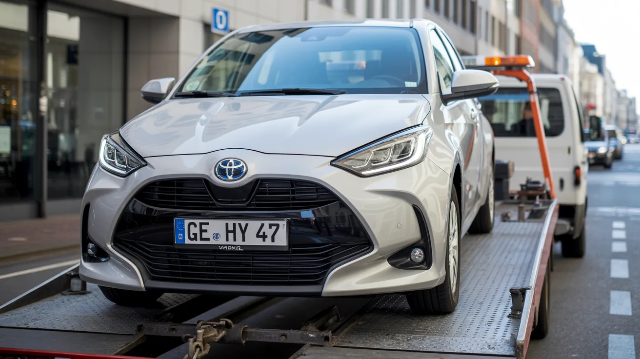 Toyota Yaris Hybrid mit Batterieschaden auf dem Abschlepper