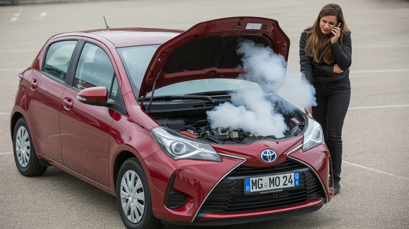 Toyota Yaris mit defektem Motor und Rauch aus dem Motorraum