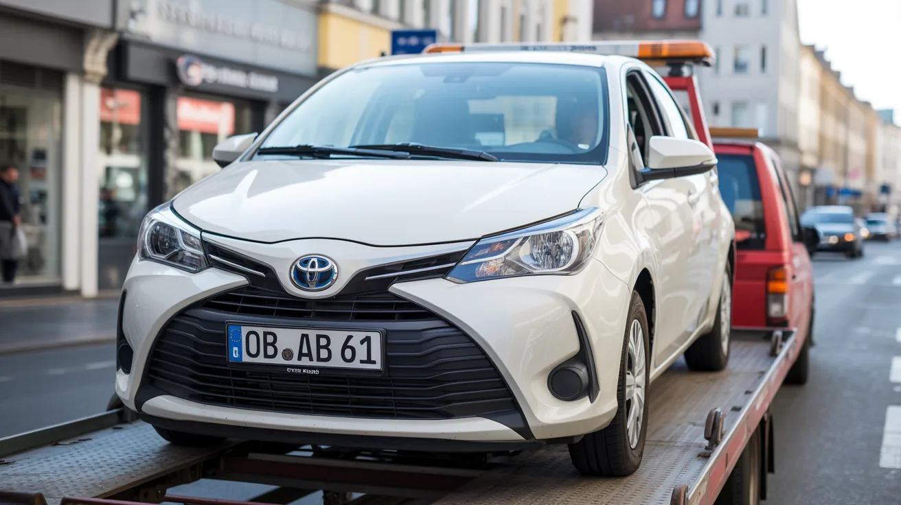 Toyota Yaris mit defektem Motor wird per Transporter abgeholt