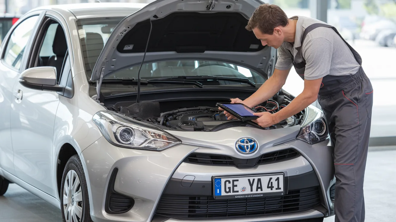 Toyota Yaris in der Werkstatt, Mechaniker liest den Getriebefehler aus