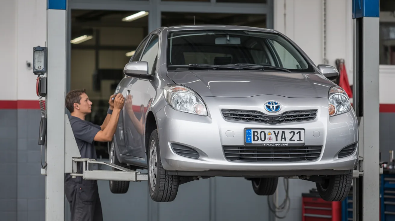 Toyota Yaris auf der Hebebuehne, Mechaniker prueft das Getriebe