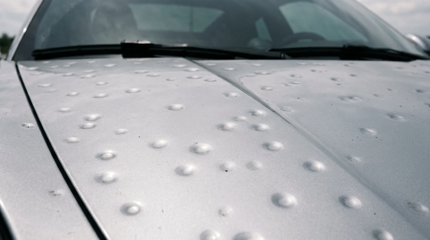 Porsche mit Hagelschaden verkaufen – Dellen auf der Haube in Nahaufnahme